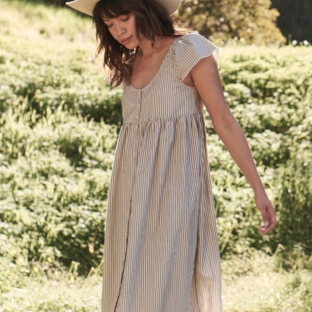 THE GREAT. Flutter Striped Midi Dress with Pockets